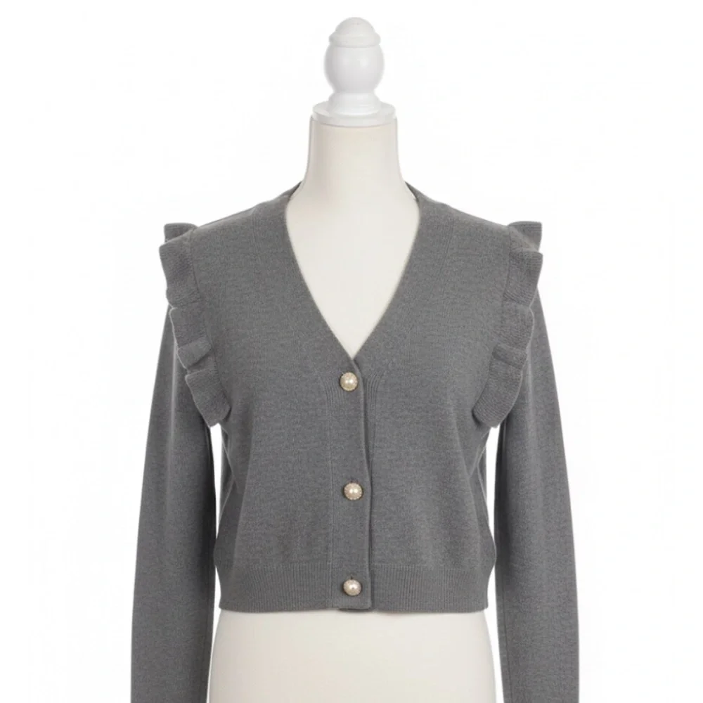 Christina Gray Ruffle Shoulder Cardigan Sweater Gold Pearl Buttons Size S/M
